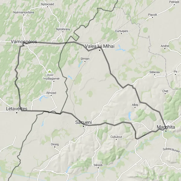 Map miniature of "Marghita to Valea lui Mihai Loop" cycling inspiration in Nord-Vest, Romania. Generated by Tarmacs.app cycling route planner