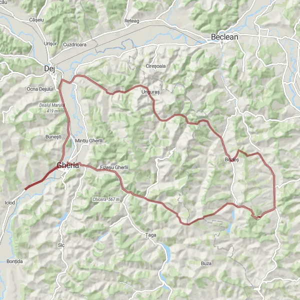 Map miniature of "Adventurous Gravel Expedition" cycling inspiration in Nord-Vest, Romania. Generated by Tarmacs.app cycling route planner