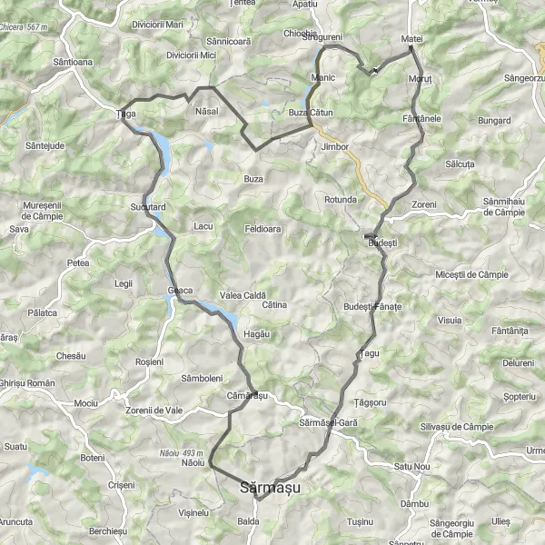 Map miniature of "Fântânele - Budești-Fânațe - Sărmășel - Hodaie - Sucutard - Buza Cătun" cycling inspiration in Nord-Vest, Romania. Generated by Tarmacs.app cycling route planner
