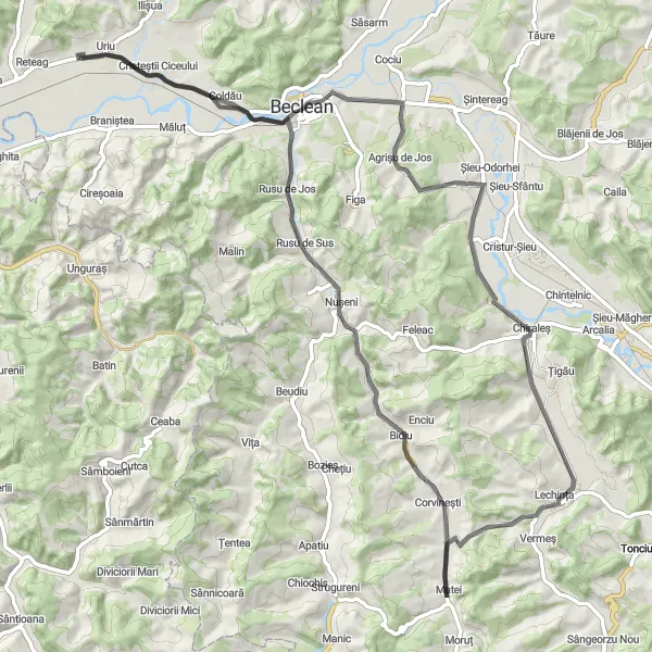 Map miniature of "Nușeni - Uriu - Beclean - Șirioara - Matei" cycling inspiration in Nord-Vest, Romania. Generated by Tarmacs.app cycling route planner