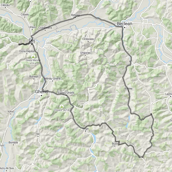 Map miniature of "Fântânele - Sântioana - Fizeșu Gherlii - Ștefan cel Mare - Bața - Rusu de Jos - Beudiu - Strugureni" cycling inspiration in Nord-Vest, Romania. Generated by Tarmacs.app cycling route planner