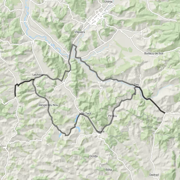 Map miniature of "Lechința - Domnești - Șieu - Posmuș - Casa Teaca - Viile Tecii - Sângeorzu Nou - Matei" cycling inspiration in Nord-Vest, Romania. Generated by Tarmacs.app cycling route planner