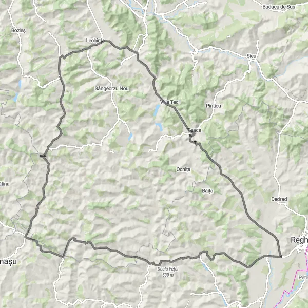 Map miniature of "Lechința - Viile Tecii - Lunca - Filpișu Mare - Beuca - Dealu Feței - Urmeniș - Satu Nou - Budești-Fânațe - Fântânele" cycling inspiration in Nord-Vest, Romania. Generated by Tarmacs.app cycling route planner