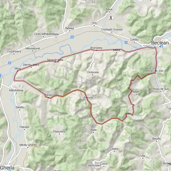 Map miniature of "Off the Beaten Track: Nireș Gravel Loop" cycling inspiration in Nord-Vest, Romania. Generated by Tarmacs.app cycling route planner