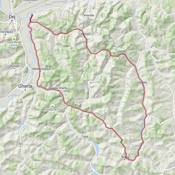 Map miniature of "Gravel Adventure: Exploring Hidden Trails" cycling inspiration in Nord-Vest, Romania. Generated by Tarmacs.app cycling route planner