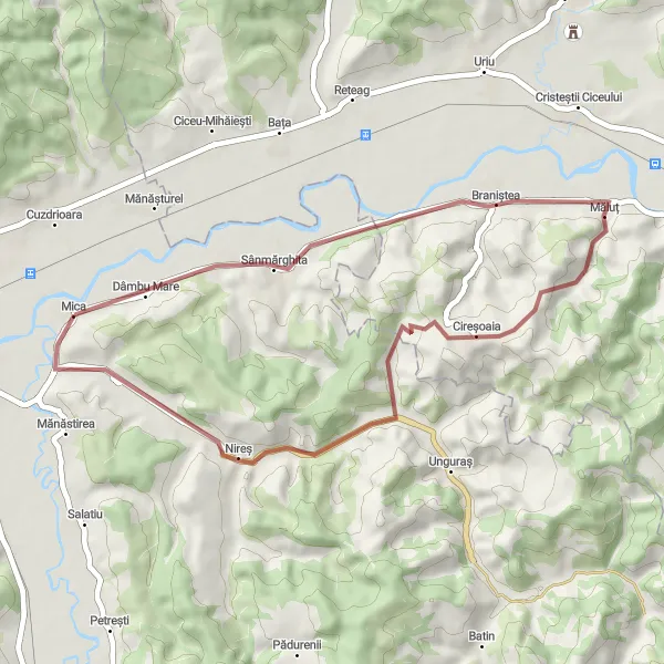 Map miniature of "Gravel Journey through Rural Landscapes" cycling inspiration in Nord-Vest, Romania. Generated by Tarmacs.app cycling route planner