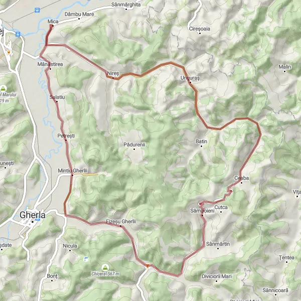 Map miniature of "Gravel Adventure near Mica" cycling inspiration in Nord-Vest, Romania. Generated by Tarmacs.app cycling route planner