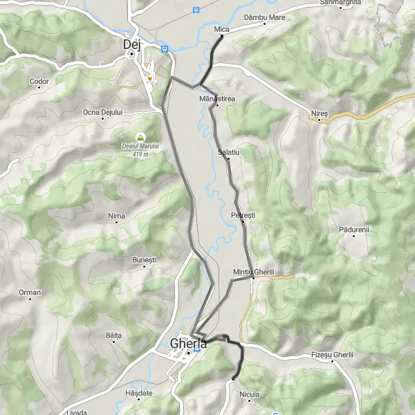 Map miniature of "Mica - Scenic Road Journey" cycling inspiration in Nord-Vest, Romania. Generated by Tarmacs.app cycling route planner