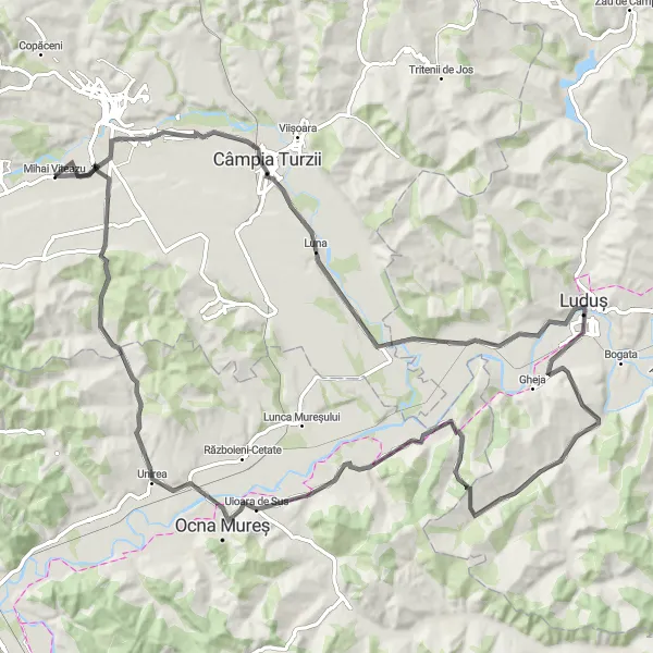 Map miniature of "Câmpia Turzii Hădăreni Ațintiș Găbud Uioara de Sus Unirea Mihai Viteazu Route" cycling inspiration in Nord-Vest, Romania. Generated by Tarmacs.app cycling route planner