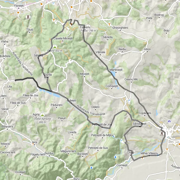 Map miniature of "The Belvedere Loop" cycling inspiration in Nord-Vest, Romania. Generated by Tarmacs.app cycling route planner