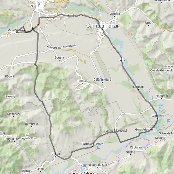 Map miniature of "The Turzii Castle Circuit" cycling inspiration in Nord-Vest, Romania. Generated by Tarmacs.app cycling route planner