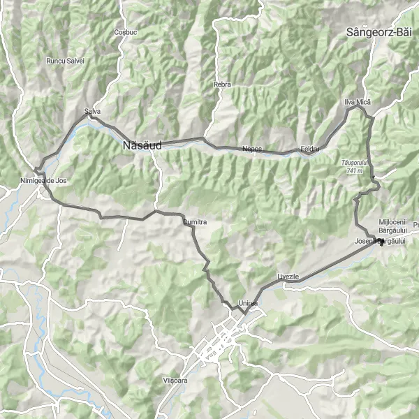 Map miniature of "The Năsăud Road Adventure" cycling inspiration in Nord-Vest, Romania. Generated by Tarmacs.app cycling route planner