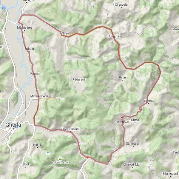 Map miniature of "Off-Road Adventure in Mintiu Gherlii" cycling inspiration in Nord-Vest, Romania. Generated by Tarmacs.app cycling route planner