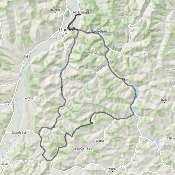 Map miniature of "Mintiu Gherlii Countryside Escape" cycling inspiration in Nord-Vest, Romania. Generated by Tarmacs.app cycling route planner