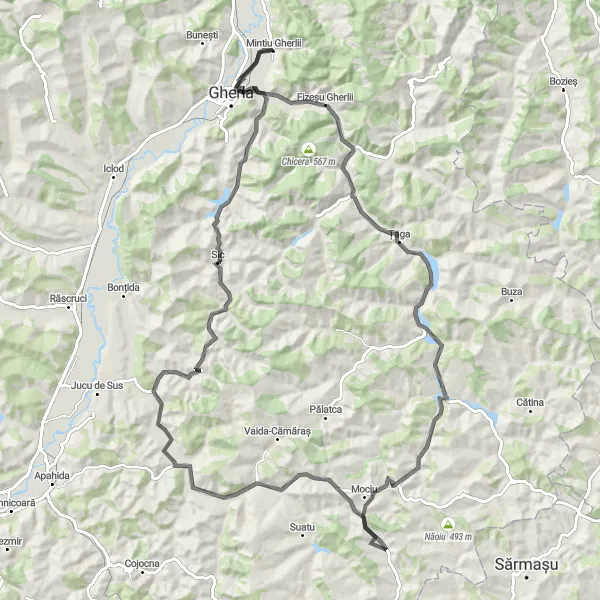 Map miniature of "Mintiu Gherlii Exploration on Wheels" cycling inspiration in Nord-Vest, Romania. Generated by Tarmacs.app cycling route planner