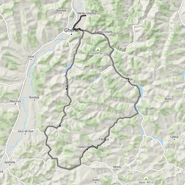 Map miniature of "Mintiu Gherlii to Gherla Loop" cycling inspiration in Nord-Vest, Romania. Generated by Tarmacs.app cycling route planner