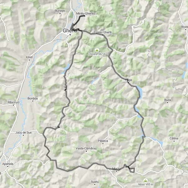 Map miniature of "Cycling Adventure to Sic and Gherla" cycling inspiration in Nord-Vest, Romania. Generated by Tarmacs.app cycling route planner