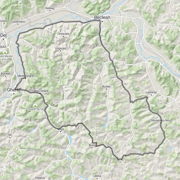 Map miniature of "The Thrilling Circuit of Mintiu Gherlii" cycling inspiration in Nord-Vest, Romania. Generated by Tarmacs.app cycling route planner