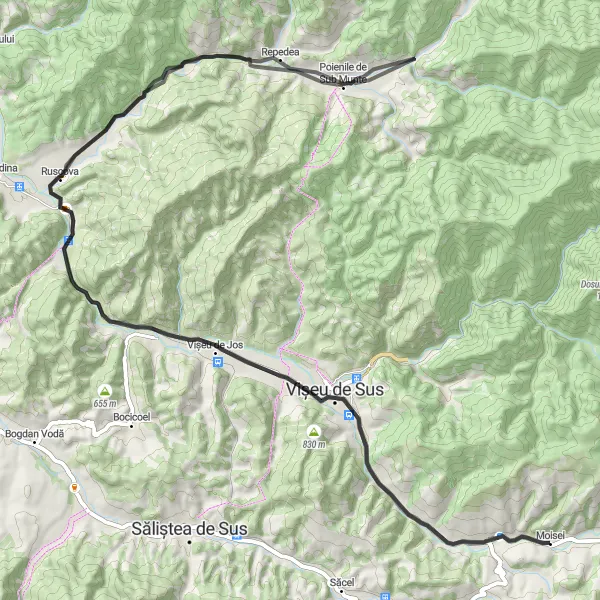 Map miniature of "Discovering Rural Beauty: Poienile de Sub Munte and Ruscova" cycling inspiration in Nord-Vest, Romania. Generated by Tarmacs.app cycling route planner