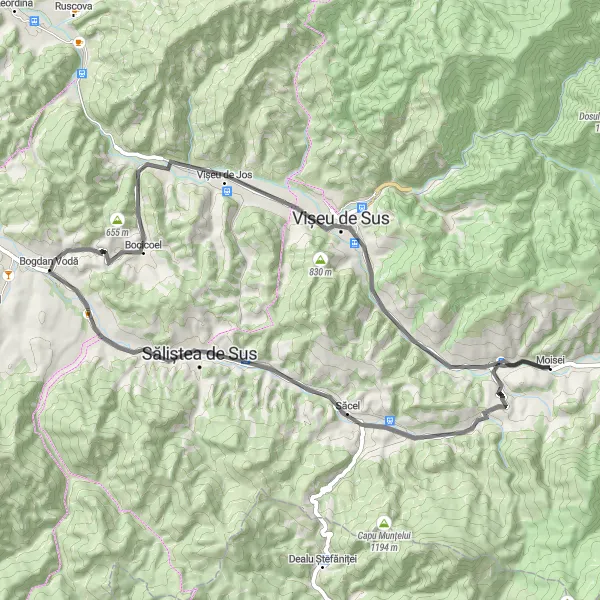 Map miniature of "Moisei - Higheș - Săcel - Bogdan Vodă - Vișeu de Mijloc" cycling inspiration in Nord-Vest, Romania. Generated by Tarmacs.app cycling route planner