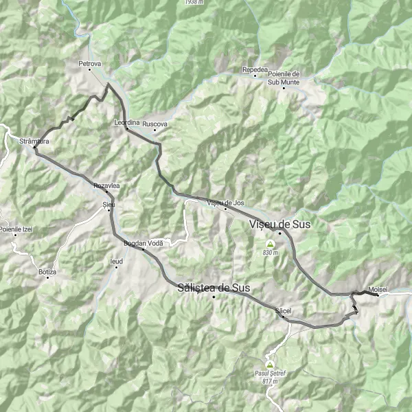 Map miniature of "Moisei - Higheș - Săcel - Rozavlea - Leordina - Vișeu de Mijloc" cycling inspiration in Nord-Vest, Romania. Generated by Tarmacs.app cycling route planner