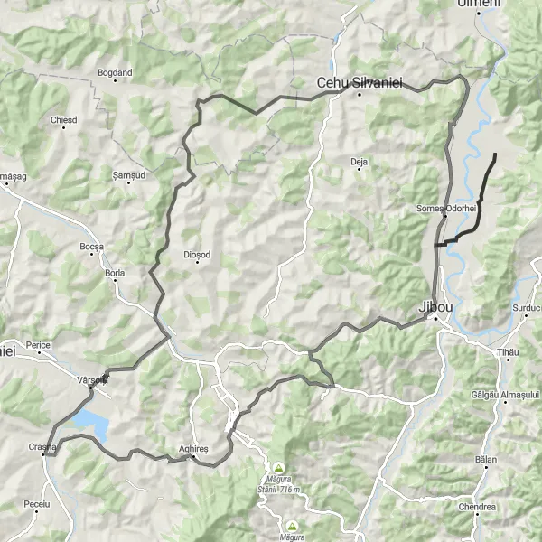 Map miniature of "Jibou Adventure" cycling inspiration in Nord-Vest, Romania. Generated by Tarmacs.app cycling route planner