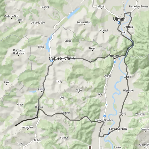 Map miniature of "Năpradea - Bulgari - Cehu Silvaniei - Chelința" cycling inspiration in Nord-Vest, Romania. Generated by Tarmacs.app cycling route planner