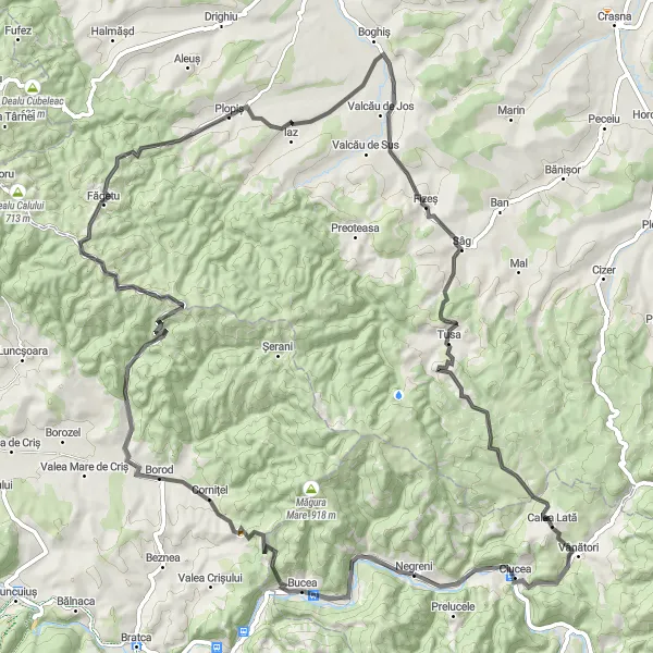 Map miniature of "Bucea - Făgetu - Plopiș - Tusa - Dealu Pleșu Cycling Route" cycling inspiration in Nord-Vest, Romania. Generated by Tarmacs.app cycling route planner