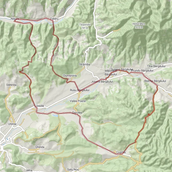 Map miniature of "Bike Adventure in Bârgău Valley" cycling inspiration in Nord-Vest, Romania. Generated by Tarmacs.app cycling route planner