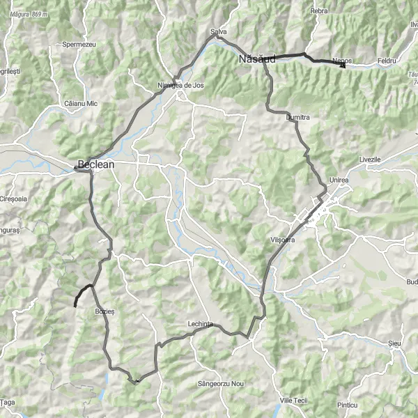 Map miniature of "The Năsăud Challenge" cycling inspiration in Nord-Vest, Romania. Generated by Tarmacs.app cycling route planner