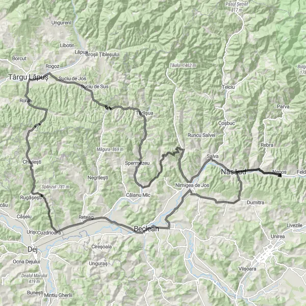 Map miniature of "Ultimate Road Challenge: Dămăcușeni" cycling inspiration in Nord-Vest, Romania. Generated by Tarmacs.app cycling route planner