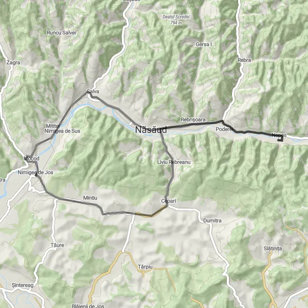 Map miniature of "Leisurely Ride to Năsăud and Beyond" cycling inspiration in Nord-Vest, Romania. Generated by Tarmacs.app cycling route planner