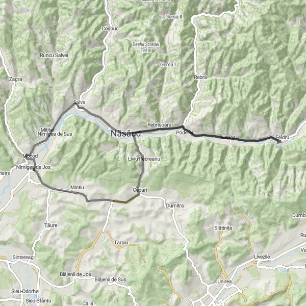 Map miniature of "Cycling Adventure to Năsăud" cycling inspiration in Nord-Vest, Romania. Generated by Tarmacs.app cycling route planner