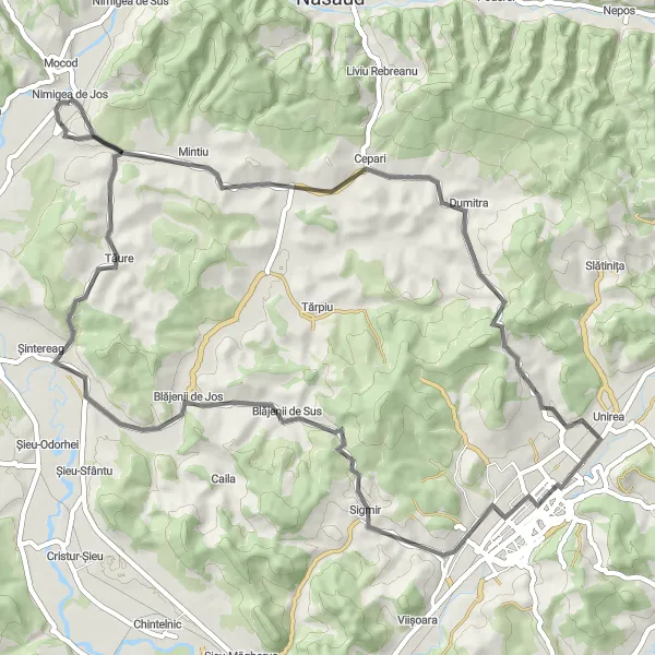 Map miniature of "Sigmir Exploration" cycling inspiration in Nord-Vest, Romania. Generated by Tarmacs.app cycling route planner