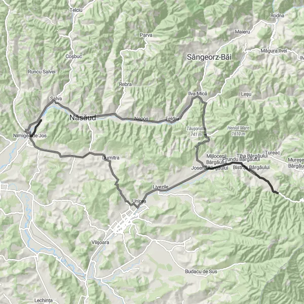 Map miniature of "Nimigea de Sus - Năsăud - Feldru - Prundu Bârgăului - Unirea - Cepari - Nimigea de Jos" cycling inspiration in Nord-Vest, Romania. Generated by Tarmacs.app cycling route planner