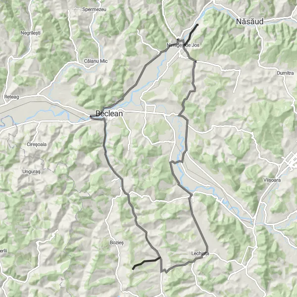 Map miniature of "Nimigea de Sus - Șieu-Sfântu - Șirioara - Lechința - Corvinești - Rusu de Jos" cycling inspiration in Nord-Vest, Romania. Generated by Tarmacs.app cycling route planner