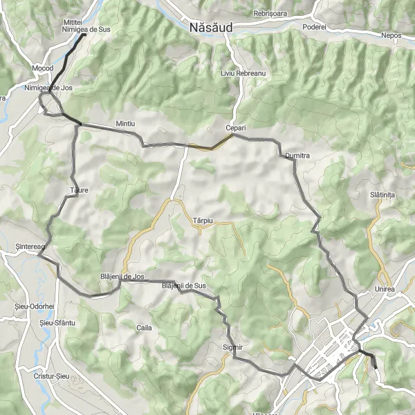 Map miniature of "Nimigea de Sus - Bistrița Loop" cycling inspiration in Nord-Vest, Romania. Generated by Tarmacs.app cycling route planner