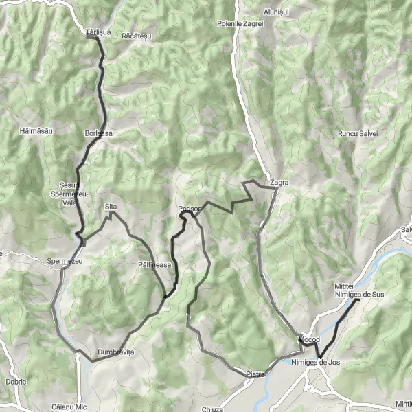 Map miniature of "Nimigea de Sus - Păltineasa Loop" cycling inspiration in Nord-Vest, Romania. Generated by Tarmacs.app cycling route planner