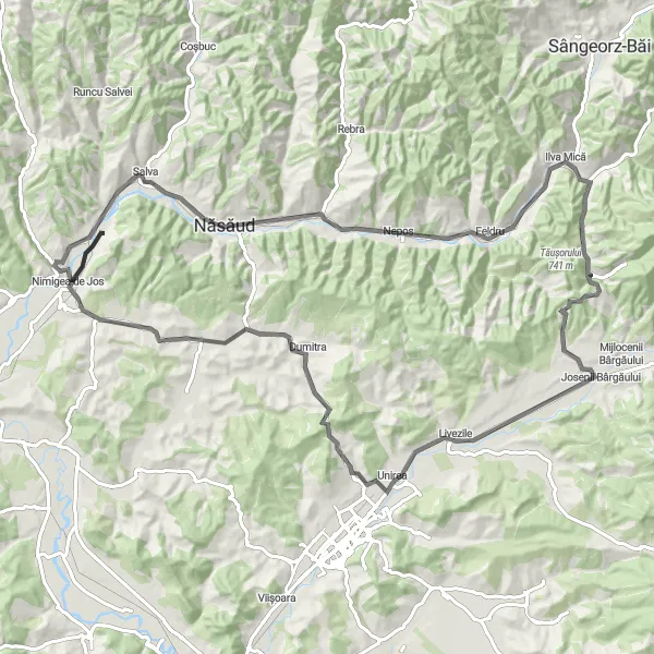 Map miniature of "Nimigea de Sus - Năsăud - Feldru - Rusu Bârgăului - Unirea - Cepari - Nimigea de Jos" cycling inspiration in Nord-Vest, Romania. Generated by Tarmacs.app cycling route planner