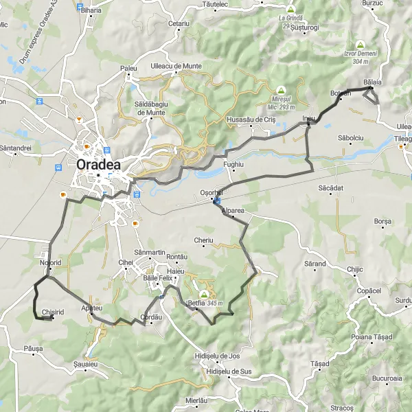 Map miniature of "Scenic Road Cycling Near Nojorid" cycling inspiration in Nord-Vest, Romania. Generated by Tarmacs.app cycling route planner