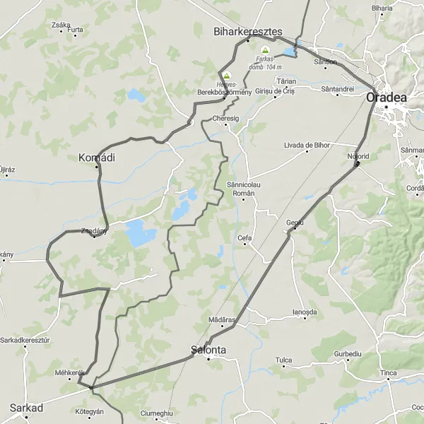 Map miniature of "Road Cycling through Salonta and Sântion" cycling inspiration in Nord-Vest, Romania. Generated by Tarmacs.app cycling route planner