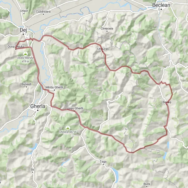 Map miniature of "Gravel Adventure in Nireș and Fizeșu Gherlii" cycling inspiration in Nord-Vest, Romania. Generated by Tarmacs.app cycling route planner