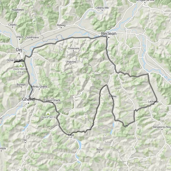 Map miniature of "Challenging Ride through Lechința and Strugureni" cycling inspiration in Nord-Vest, Romania. Generated by Tarmacs.app cycling route planner