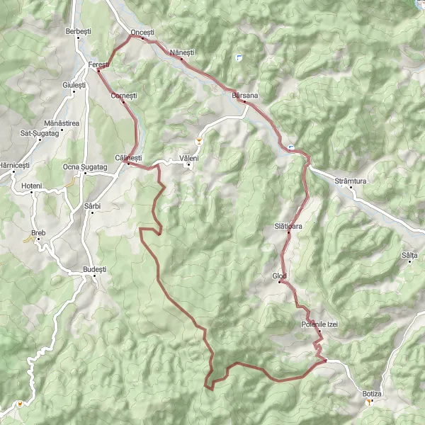 Map miniature of "Nănești to Ferești Gravel Ride" cycling inspiration in Nord-Vest, Romania. Generated by Tarmacs.app cycling route planner
