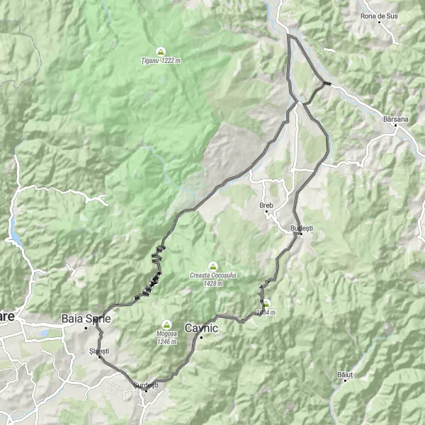 Map miniature of "Ferești to Vadu Izei Road Ride" cycling inspiration in Nord-Vest, Romania. Generated by Tarmacs.app cycling route planner