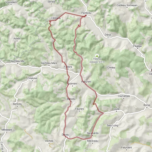 Map miniature of "Panticeu - Vultureni - Dealul Porcului - Deușu - Cătălina" cycling inspiration in Nord-Vest, Romania. Generated by Tarmacs.app cycling route planner