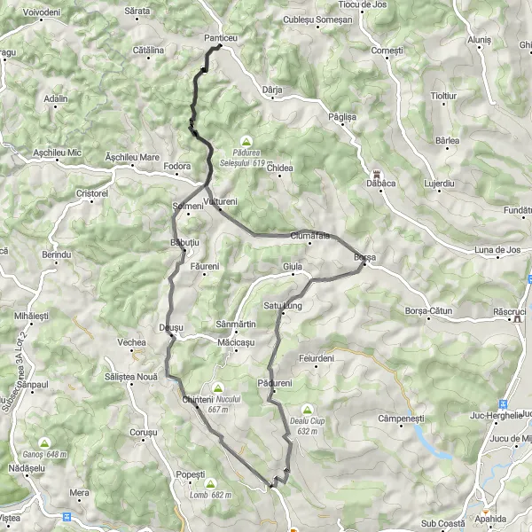 Map miniature of "Vultureni-Borșa Loop" cycling inspiration in Nord-Vest, Romania. Generated by Tarmacs.app cycling route planner