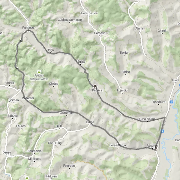 Map miniature of "Panticeu - Dăbâca - Lună de Jos - Castelul Bánffy în Răscruci - Vultureni" cycling inspiration in Nord-Vest, Romania. Generated by Tarmacs.app cycling route planner