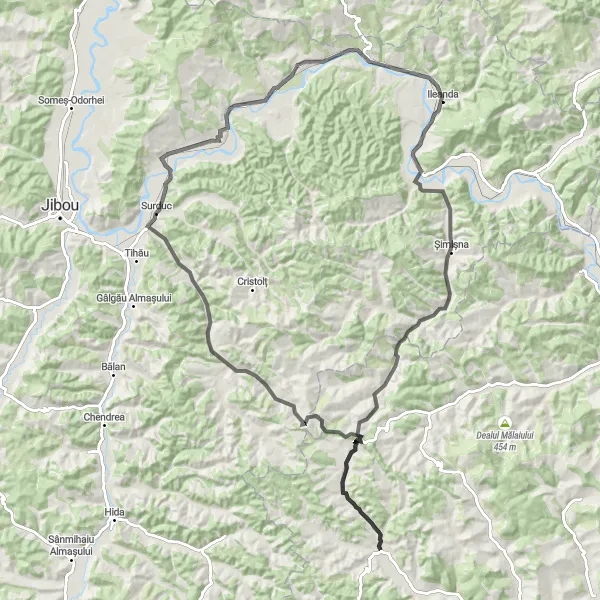 Map miniature of "Panticeu - Căprioara - Surduc - Răstoci - Rus - Hășmaș - Ciubăncuța" cycling inspiration in Nord-Vest, Romania. Generated by Tarmacs.app cycling route planner