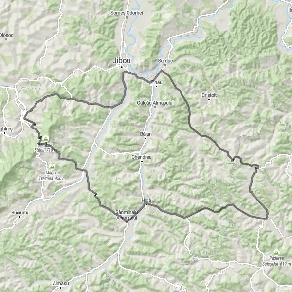 Map miniature of "Panticeu - Voivodeni - Hida - Ciumărna - Őrhegy - Zalău - Măgurița - Creaca - Căprioara" cycling inspiration in Nord-Vest, Romania. Generated by Tarmacs.app cycling route planner